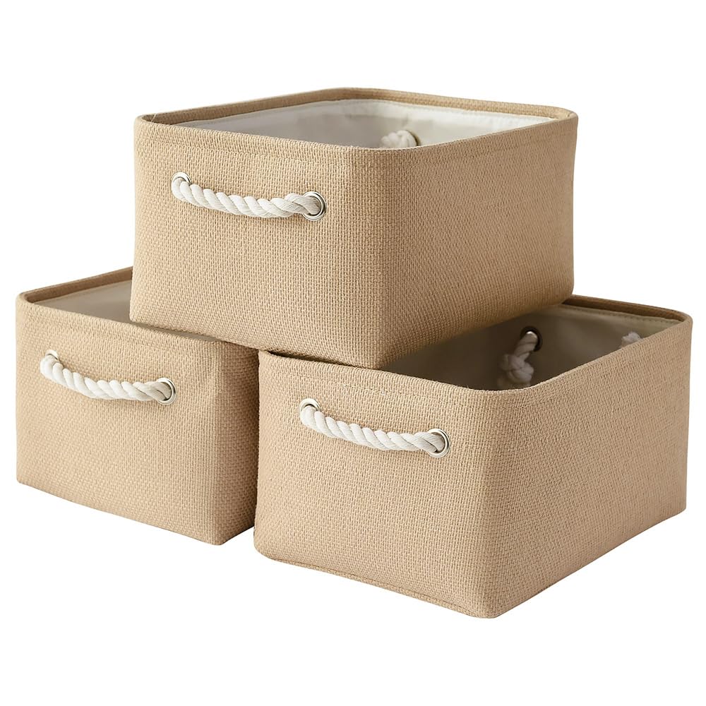 TheWarmHome Storage Basket for Organizing - 14x10x7 inch Medium 3 Pack Collapsible Storage Bin for Shelves with Handles, Canves Storage Box for Organizer Cubes Cloth Gift Toy Closet (White & Khaki)