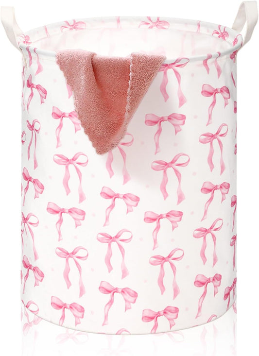 CroBlissful 1 Pcs Coquette Pink Bow Laundry Basket Pink Bow Nursery Laundry Basket Hamper Waterproof Collapsible Storage Bin Organizer for Bedroom Bathroom Room Dorm Clothes Toys