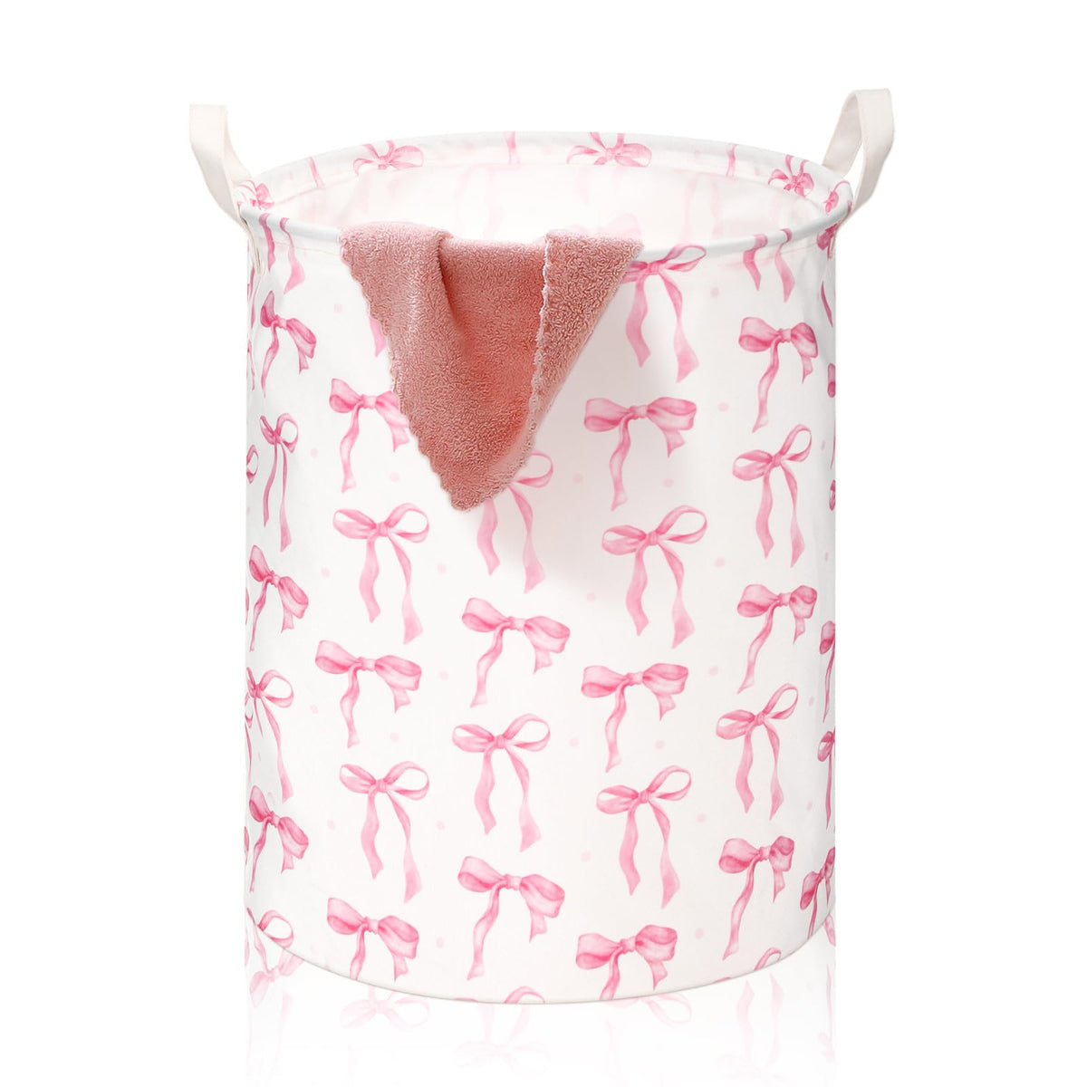 CroBlissful 1 Pcs Coquette Pink Bow Laundry Basket Pink Bow Nursery Laundry Basket Hamper Waterproof Collapsible Storage Bin Organizer for Bedroom Bathroom Room Dorm Clothes Toys