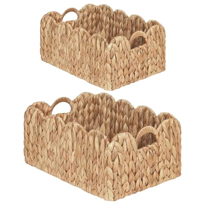 iEGrow Scalloped Wicker Basket, Set of 2 Woven Rattan Natural Water Hyacinth Baskets with Built-in Handles, Rectangle Storage Baskets for Organizing, Decor, Shelf and Nursery Room