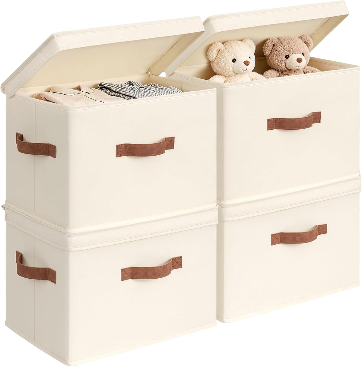 CHICVITA 4-Pack Medium Fabric Storage Baskets with Lids for Shelves,Ivory