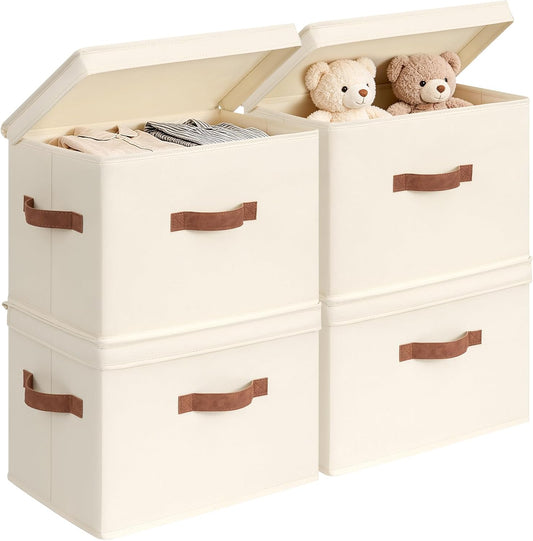 CHICVITA 4-Pack Medium Fabric Storage Baskets with Lids for Shelves,Ivory