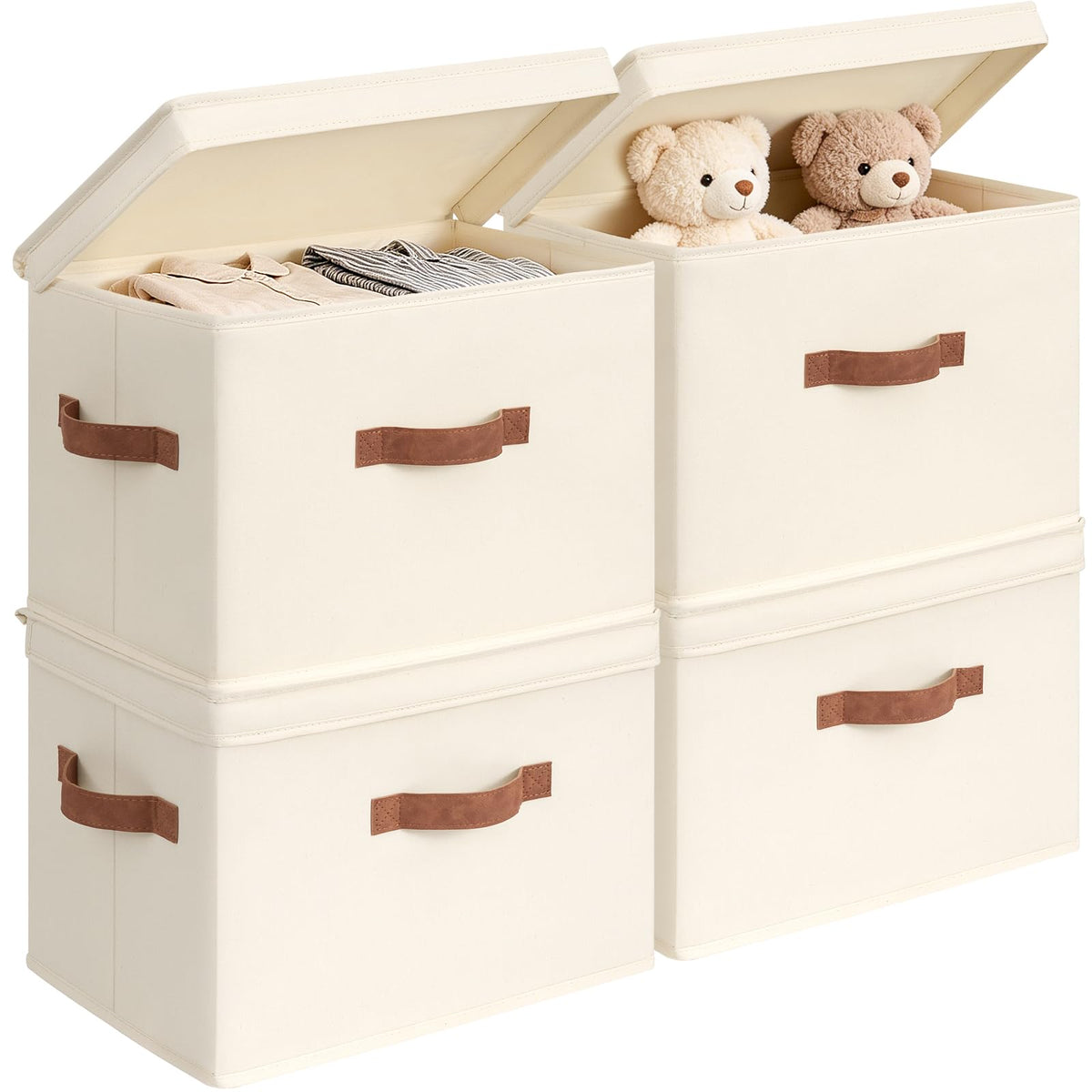 CHICVITA 4-Pack Medium Fabric Storage Baskets with Lids for Shelves,Ivory