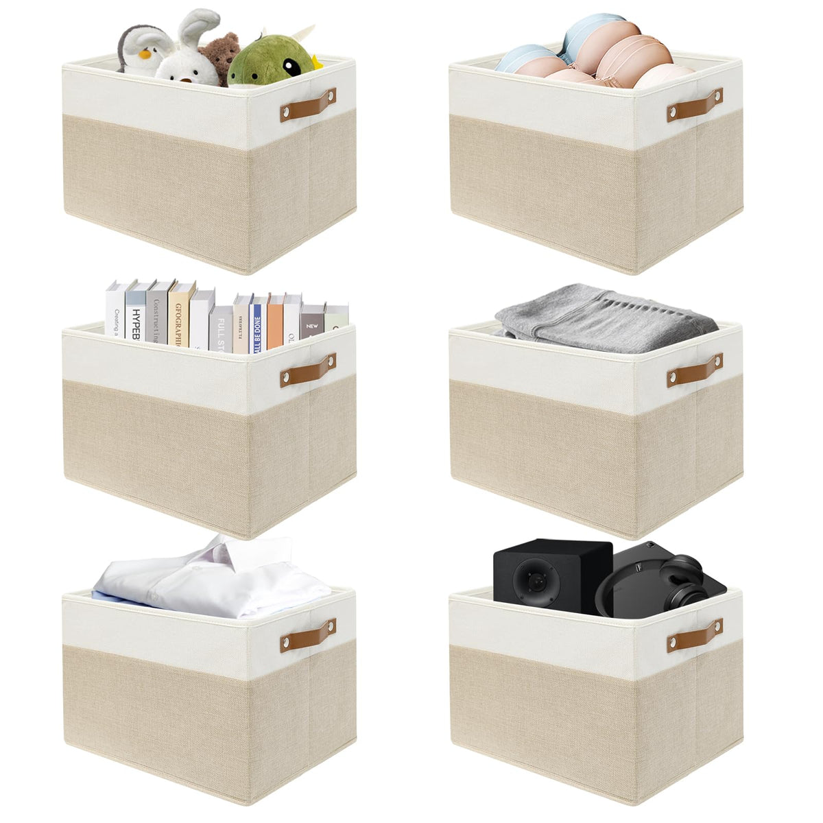 SNWDN 6 Pack Collapsible Fabric Storage Baskets with Handles (White/Beige 11x11x11 Inches)