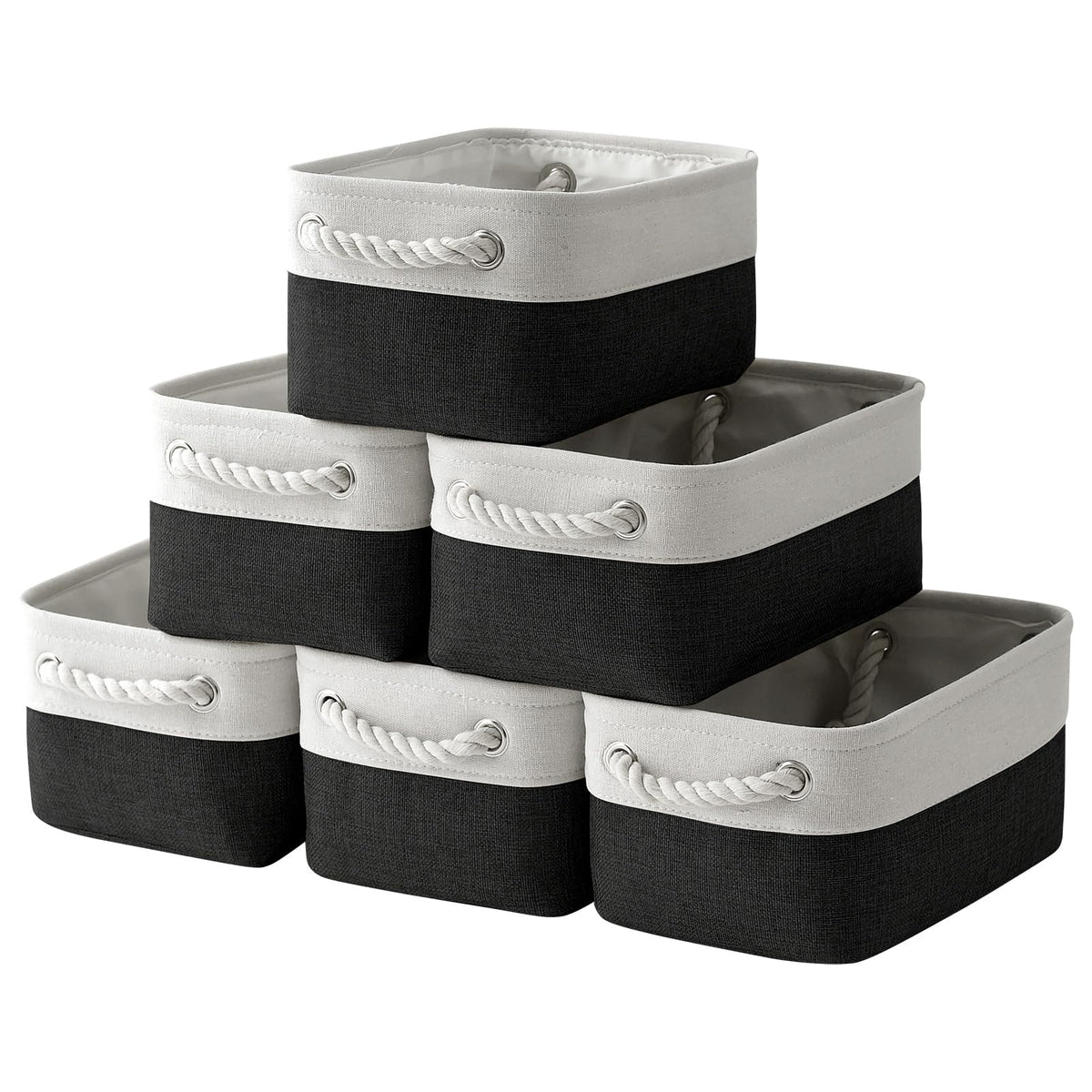 TheWarmHome Storage Basket for Organizing - 14x10x7 inch Medium 3 Pack Collapsible Storage Bin for Shelves with Handles, Canves Storage Box for Organizer Cubes Cloth Gift Toy Closet (White & Khaki)