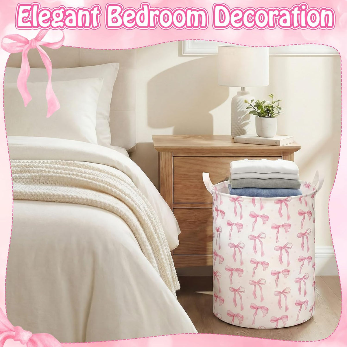 CroBlissful 1 Pcs Coquette Pink Bow Laundry Basket Pink Bow Nursery Laundry Basket Hamper Waterproof Collapsible Storage Bin Organizer for Bedroom Bathroom Room Dorm Clothes Toys