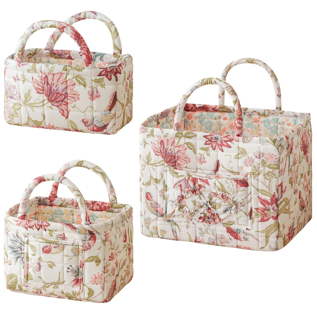 vctops 3 Packs Boho Quilted Storage Basket for Organizing, Floral Basket Organizer Gift Baskets with Handles, Storage Bins for Toys, Books, Towels, and Clothes, Collapsible Fabric(Pattern C)