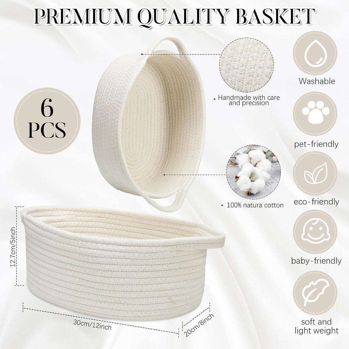 6 Pcs Small Woven Basket 12 x 8 x 5" Empty Gifts, White