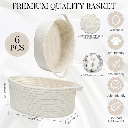 6 Pcs Small Woven Basket 12 x 8 x 5" Empty Gifts, White