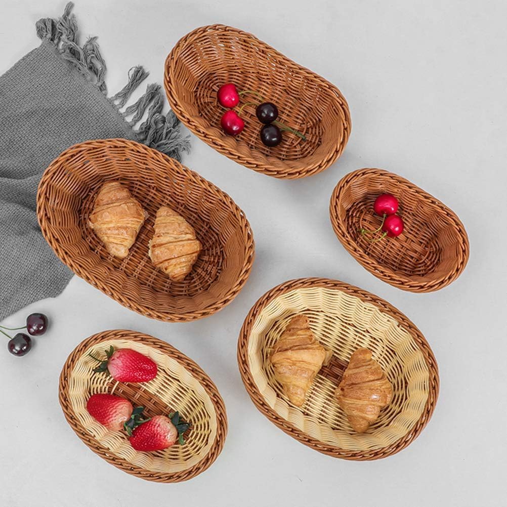 Yarlung 3 Pack Small Woven Breads Baskets, Oval Fruit Baskets Stackable Plastic Wicker Basket for Serving Vegetables, Kitchen, Restaurant, Outdoor, Imitation Rattan Brown, 3 Sizes