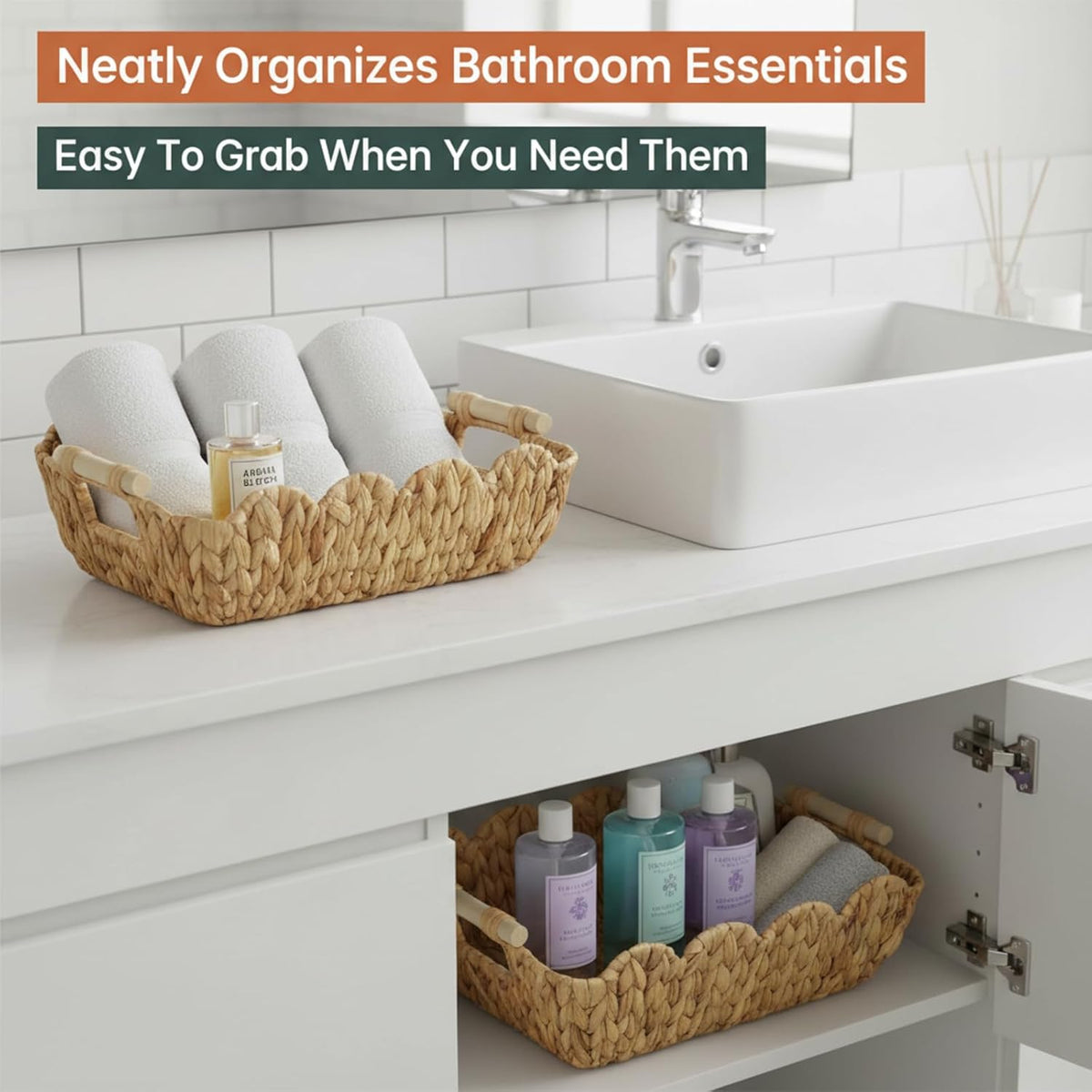 Coeusy 2 Pack Wicker Basket,Cute Scalloped Basket,Natural Water Hyacinth