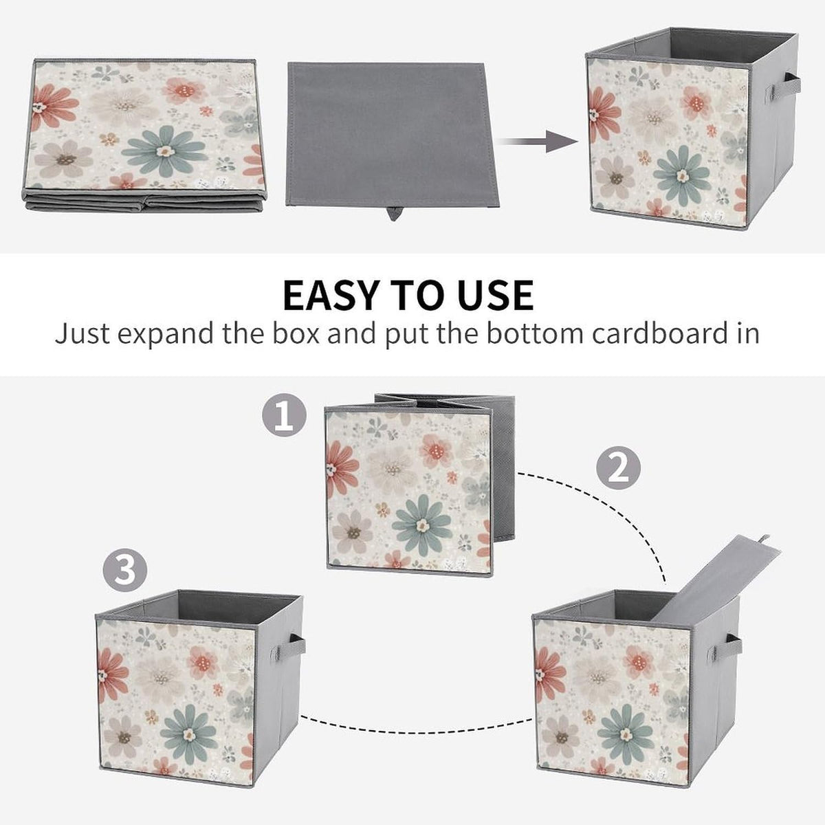 6 Printed Foldable Storage Cubes, 10.6 Inch Sturdy Collapsible Fabric Bins with Handles