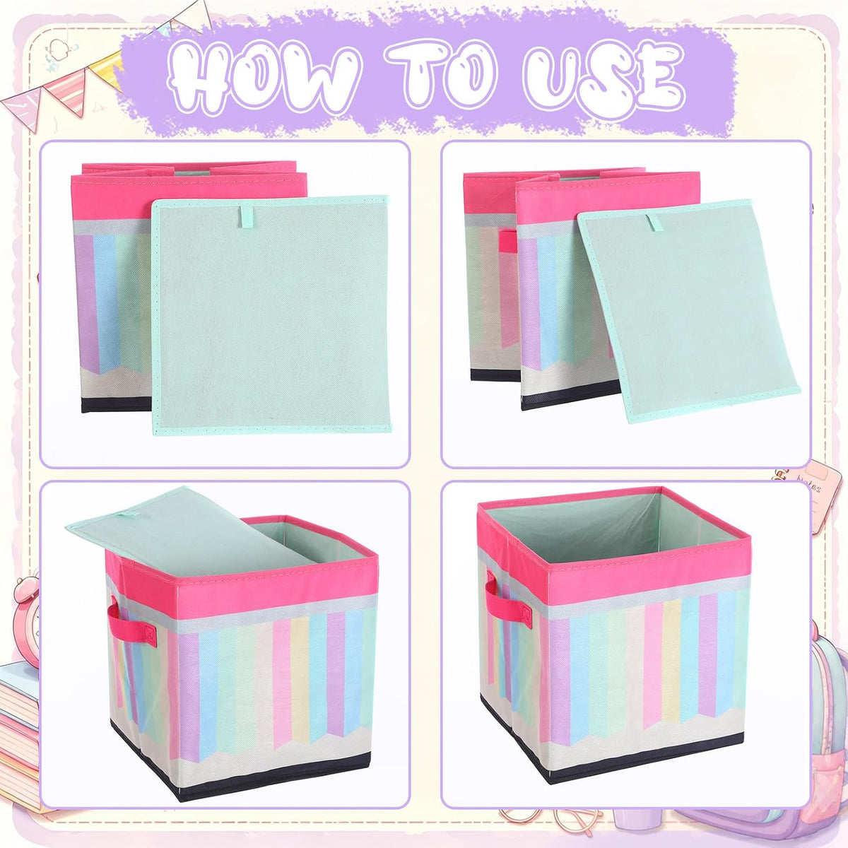 Kathfly 6 Pcs 11" Fabric Classroom Storage Bins Cubby Baskets, Pastel