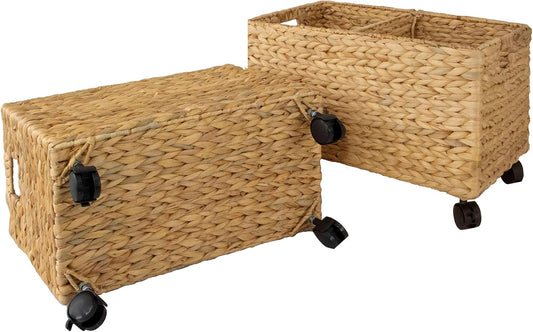 PEMAR Rolling Wicker Storage Basket Set of 2 Natural Water Hyacinth & Seagrass Bins on Wheels with Removable Divider & Insert Handles Nesting Design for under Desk, Home & Office Organization