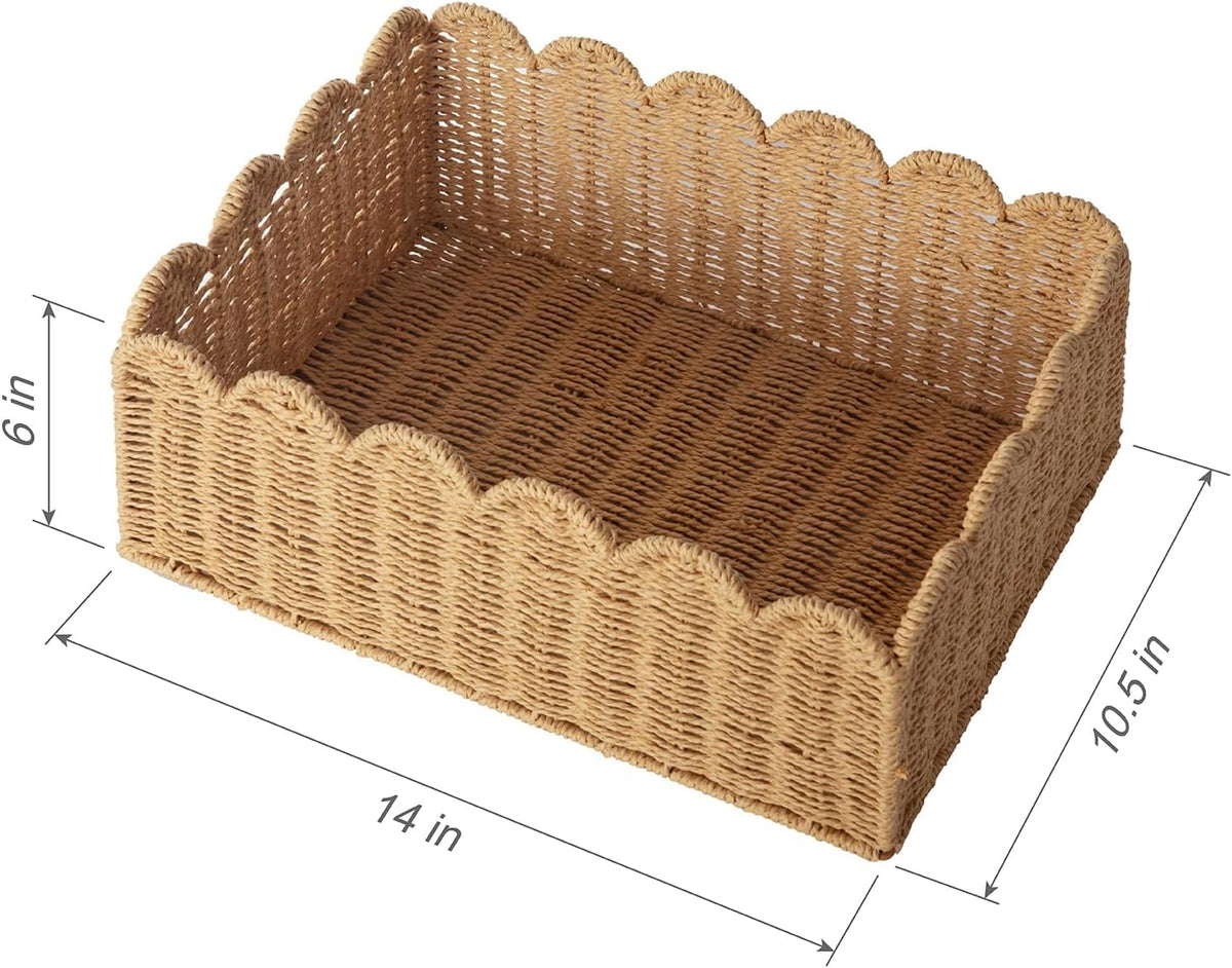 Scalloped Basket, Wicker Storage Baskets, Hand Woven Baskets for Shelves,Natural Baskets for Organizing (S+M)