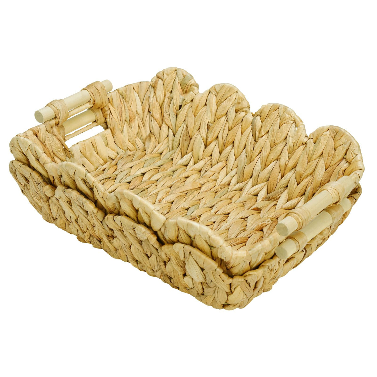 2Pack Scalloped Edge Wicker Basket,Hand-Woven Rattan Baskets with Wooden Handles,Natural Water Hyacinth Basket for Laundry,Shelves,Decorative Basket
