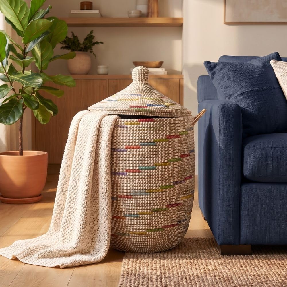 Large Wicker Basket for Storage, Colorful Round African Woven Basket, 18" W x 30" H