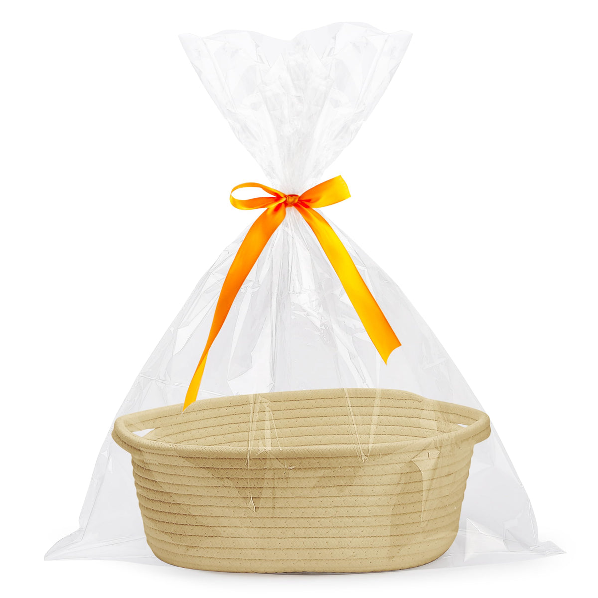 Pro Goleem Small Woven Basket with Gift Bags and Ribbons Durable Baskets for Gifts Empty Small Rope Basket for Storage 12"X 8" X 5" Baby Toy Bin with Handles, White