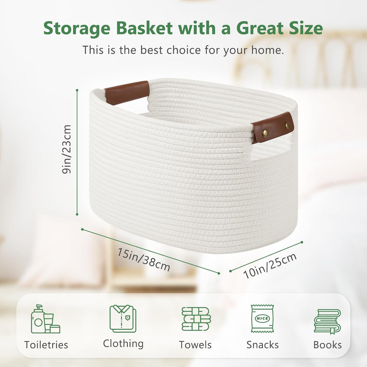 ECDYQXVU 15x10x9 Woven Cotton Rope Storage Basket, Leather Handles 1 Pack
