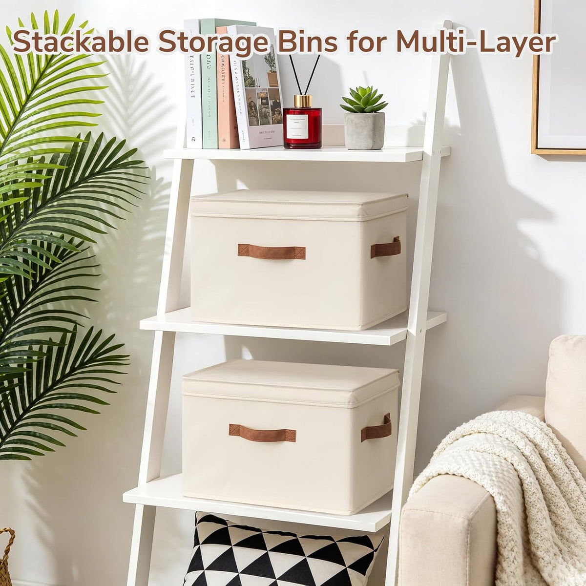CHICVITA 4-Pack Medium Fabric Storage Baskets with Lids for Shelves,Ivory
