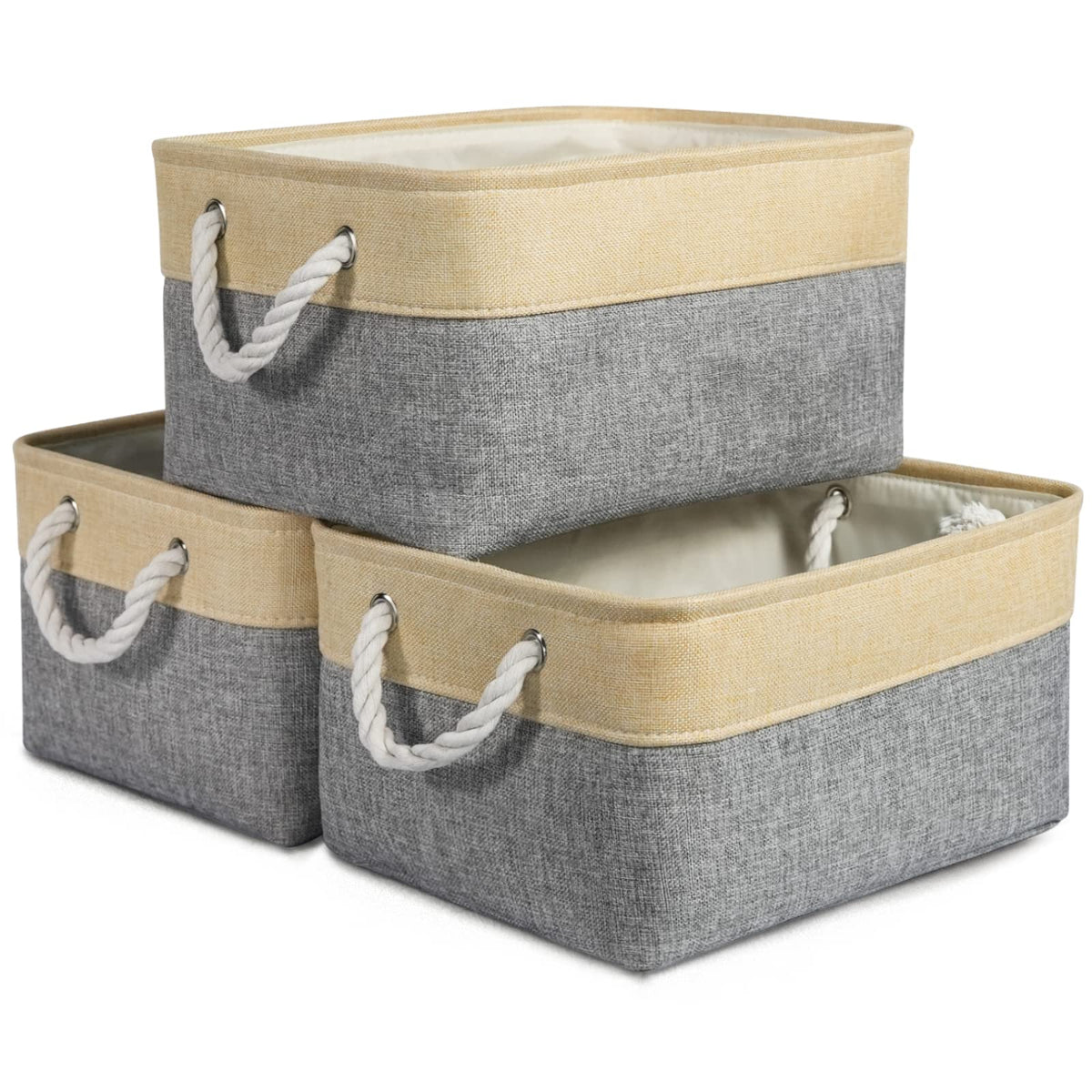 TheWarmHome Storage Basket for Organizing - 14x10x7 inch Medium 3 Pack Collapsible Storage Bin for Shelves with Handles, Canves Storage Box for Organizer Cubes Cloth Gift Toy Closet (White & Khaki)
