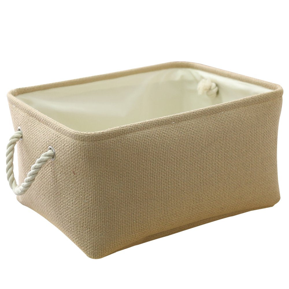 TheWarmHome Storage Basket for Organizing - 14x10x7 inch Medium 3 Pack Collapsible Storage Bin for Shelves with Handles, Canves Storage Box for Organizer Cubes Cloth Gift Toy Closet (White & Khaki)