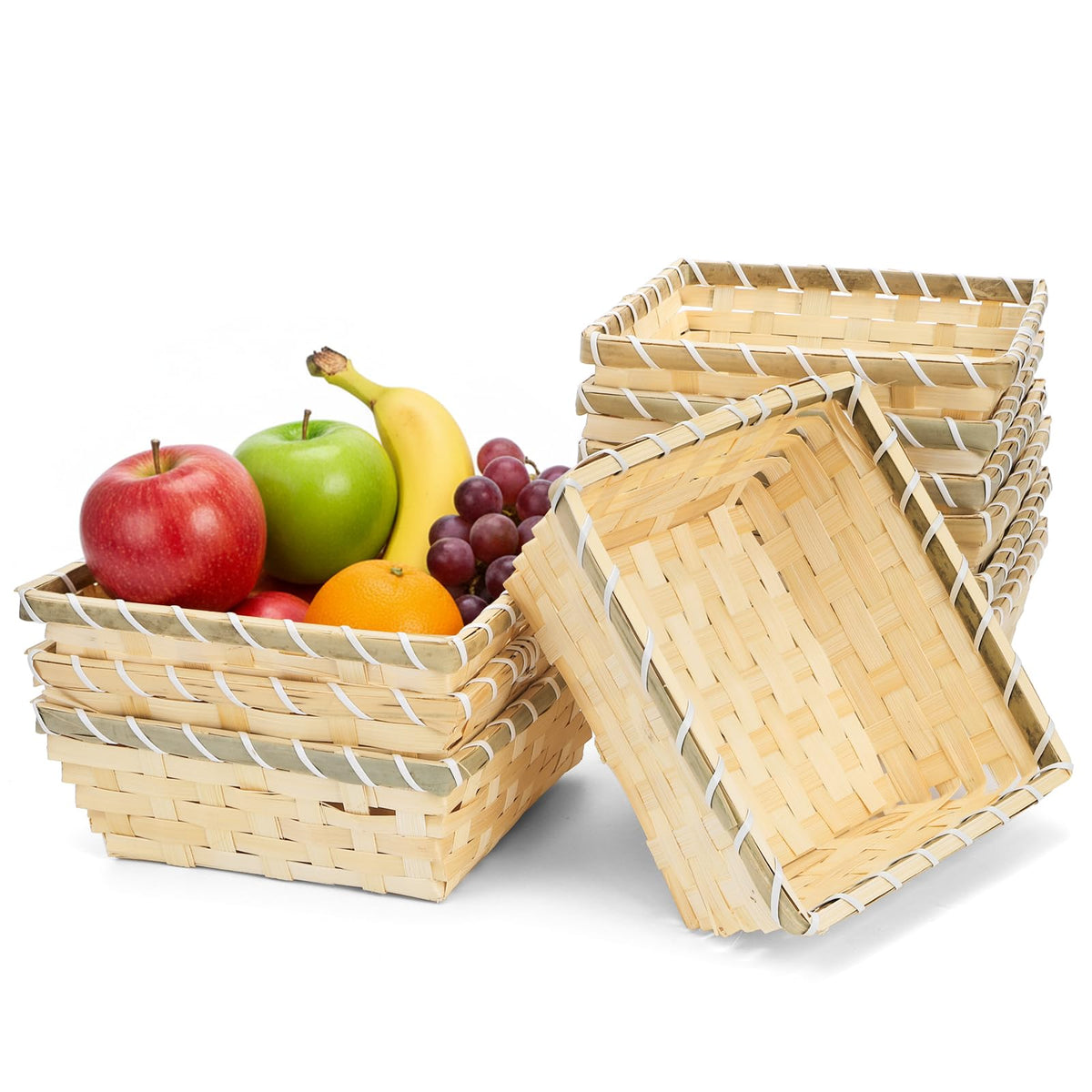 TOPZEA 10 Pack Round Gift Baskets, 8 Inch Natural Bamboo Woven Fruit Basket, Small Wicker Bread Roll Serving Basket, Food Storage Bin Handmade Baskets for Kitchen Restaurant Centerpiece Christmas