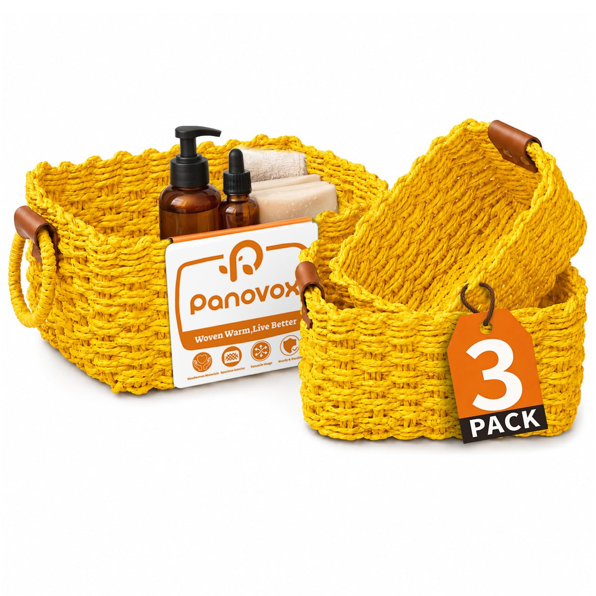 Small Wicker Baskets, 3 PCS Paper Rope Baskets for Shelves, Brown