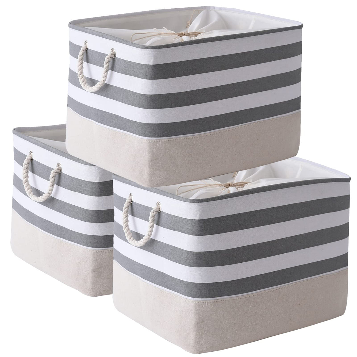TheWarmHome Storage Basket for Organizing - 14x10x7 inch Medium 3 Pack Collapsible Storage Bin for Shelves with Handles, Canves Storage Box for Organizer Cubes Cloth Gift Toy Closet (White & Khaki)