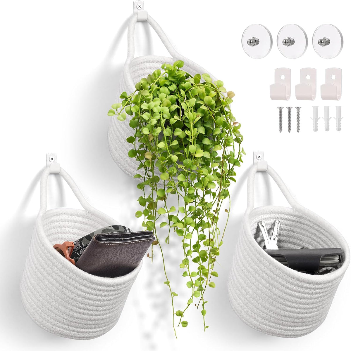 Fabric Wall Hanging Baskets, 3 Pack Woven Boho Pouches (White & White)