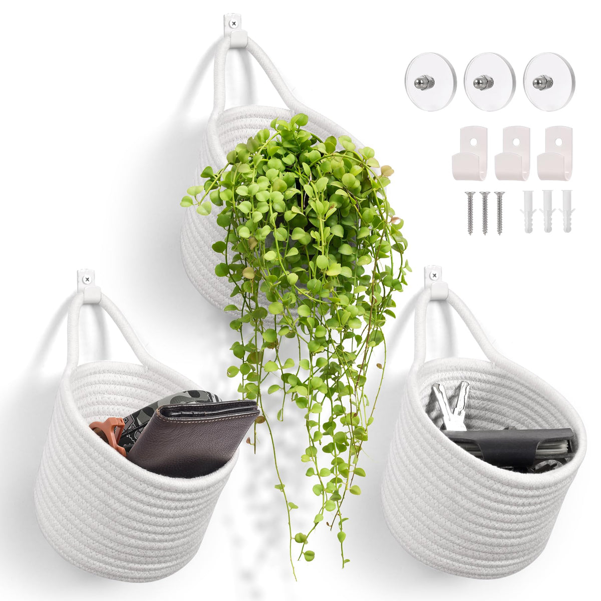 Fabric Wall Hanging Baskets, 3 Pack Woven Boho Pouches (White & White)