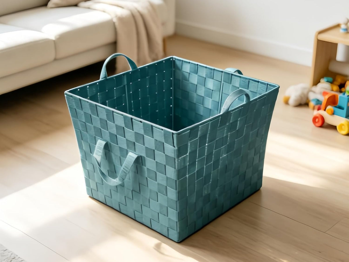 Large Blue Woven Fabric Storage Basket 13x15x10 In with Handles