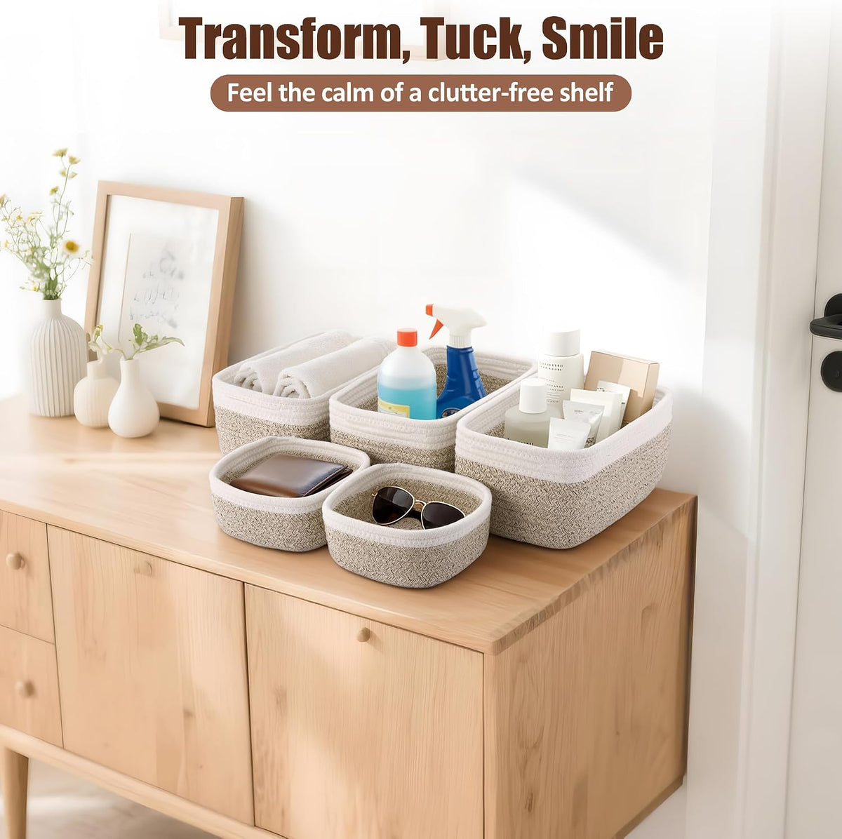 5-Pack Small Woven Rope Storage Baskets, 2 Sizes Organizer Bins
