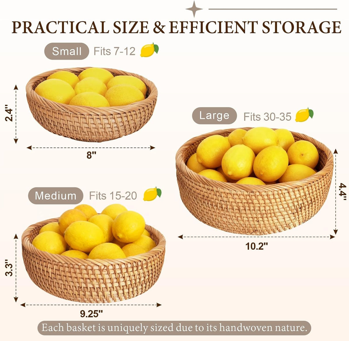 Handwoven Rattan Fruit Basket Set, Round Wicker Bread Baskets for Serving