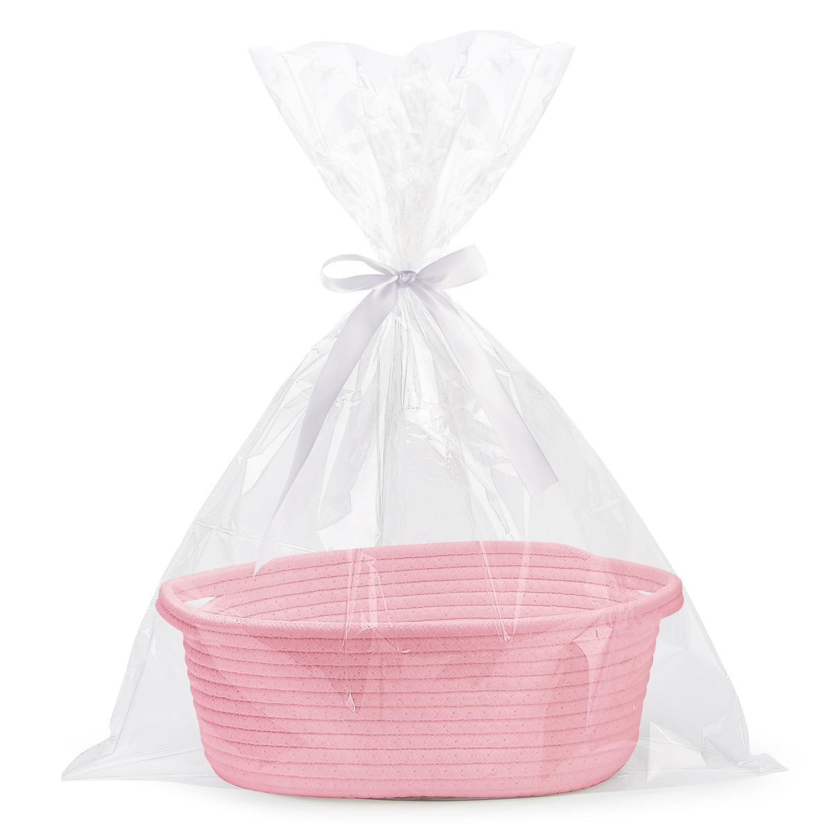 Pro Goleem Small Woven Basket with Gift Bags and Ribbons Durable Baskets for Gifts Empty Small Rope Basket for Storage 12"X 8" X 5" Baby Toy Bin with Handles, White