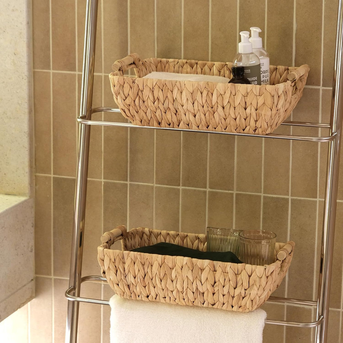 Wicker Baskets with Wooden Handles, Large Water Hyacinth Storage Baskets