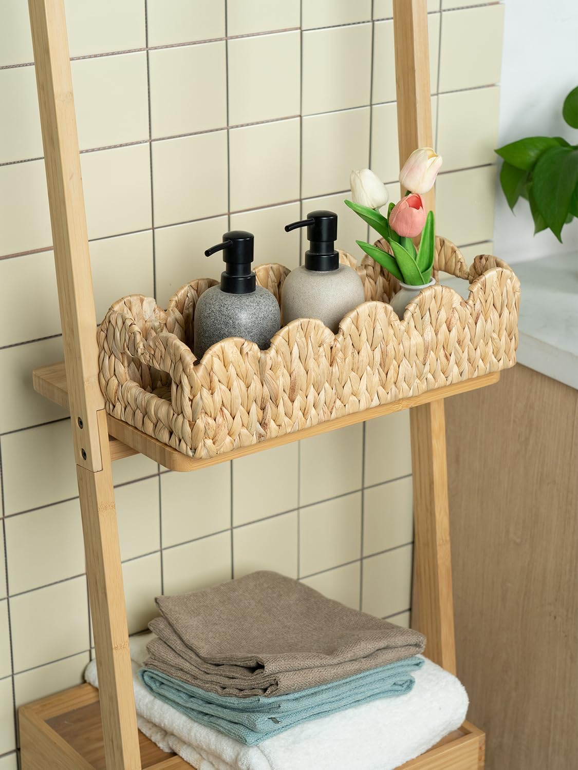 Coeusy Toilet Tank Basket for Bathroom,Scalloped Edge Wicker Basket for Toilet Paper Storage,Small Baskets for Countertop,Shelves,Living Room,Bedroom,Both Organizer&Decor,Natural Water Hyacinth