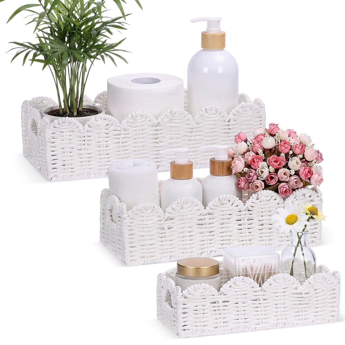 Boao 3 Pcs Boho Storage Wicker Baskets Handmade Woven Decorative Paper Rope Baskets for Organizing with Handle Countertop Toilet Paper Storage Container for Toilet Tank Top