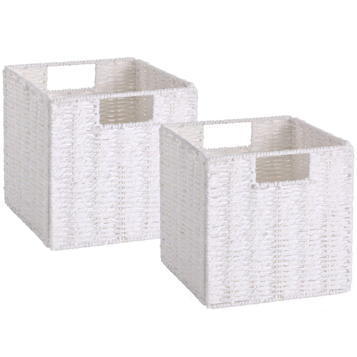 Vagusicc Wicker Basket, Set of 2 Hand-Woven Paper Rope Storage Baskets for Organizing, Foldable Cubby Storage Bins, 11 Inch Large Wicker Storage Basket, Square Baskets Cube Storage Organizer, Brown