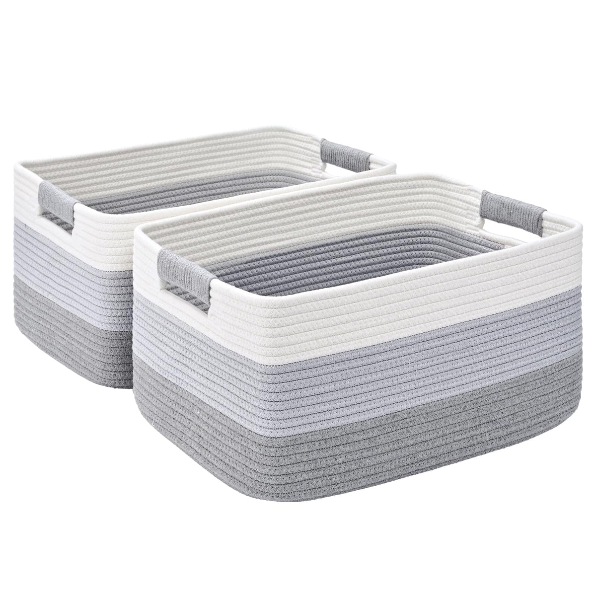 2 Pack Large Storage Basket for Organizing, 17.5"x13"x7" Woven Basket for Shelves, Closet Cube Storage Bins with Wrapped Handle, Cotton Rope Baskets for Kitchen, Clothes, Toys(Off White & Brown)