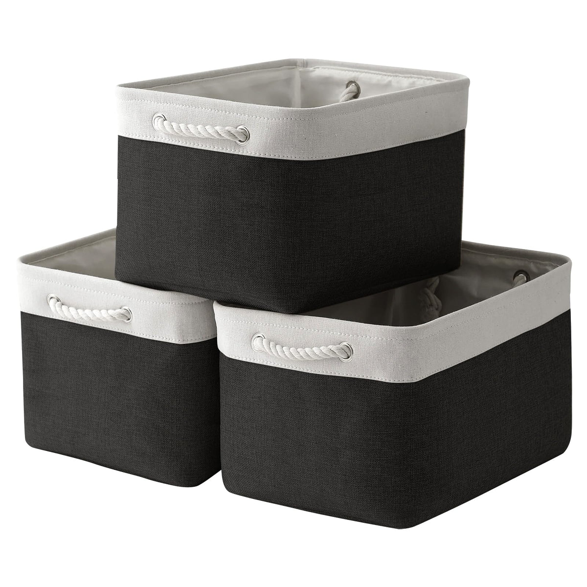 TheWarmHome Storage Basket for Organizing - 14x10x7 inch Medium 3 Pack Collapsible Storage Bin for Shelves with Handles, Canves Storage Box for Organizer Cubes Cloth Gift Toy Closet (White & Khaki)