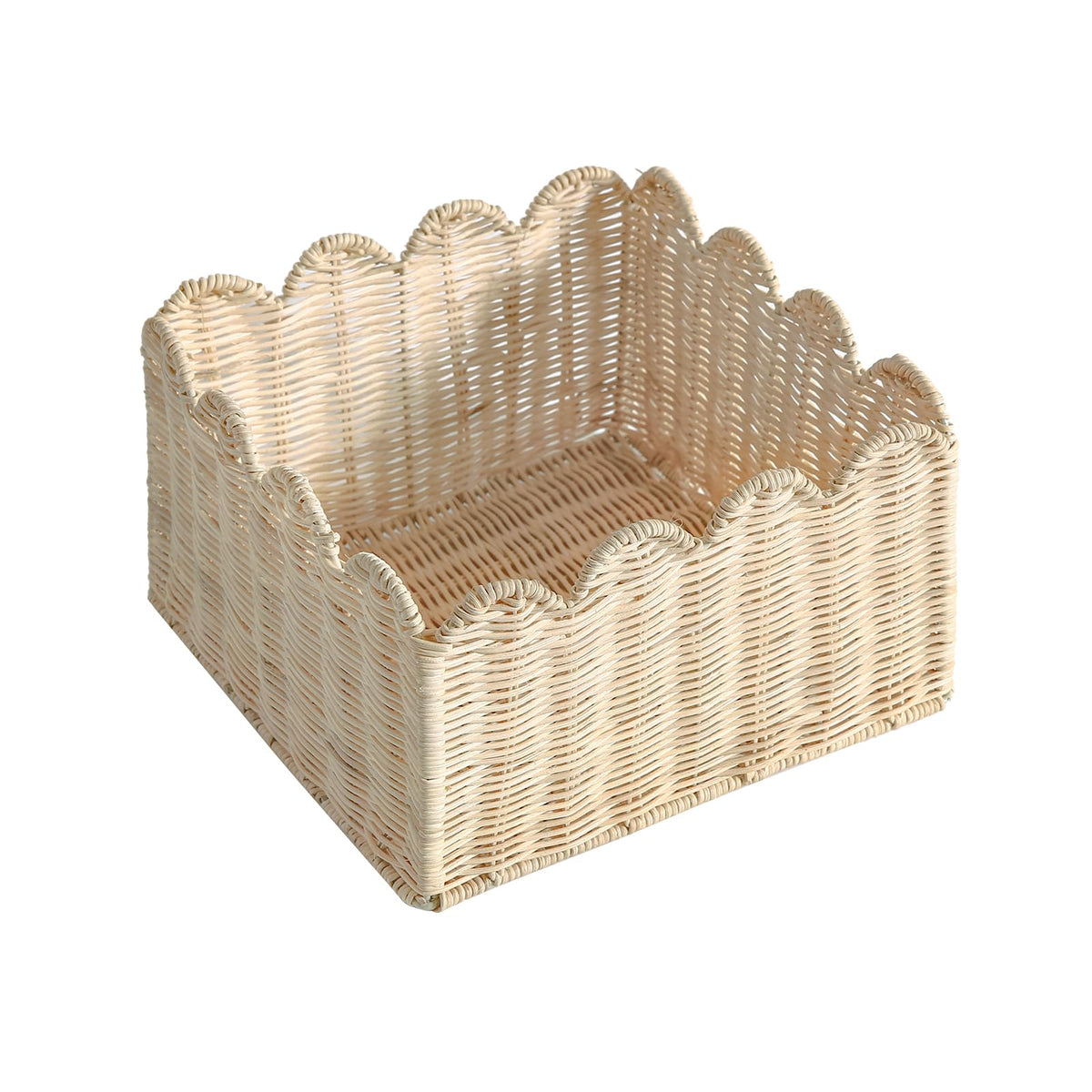 Scalloped Basket, Wicker Storage Baskets, Hand Woven Baskets for Shelves,Natural Baskets for Organizing (M-14" L x 10.5" W x 6" H)
