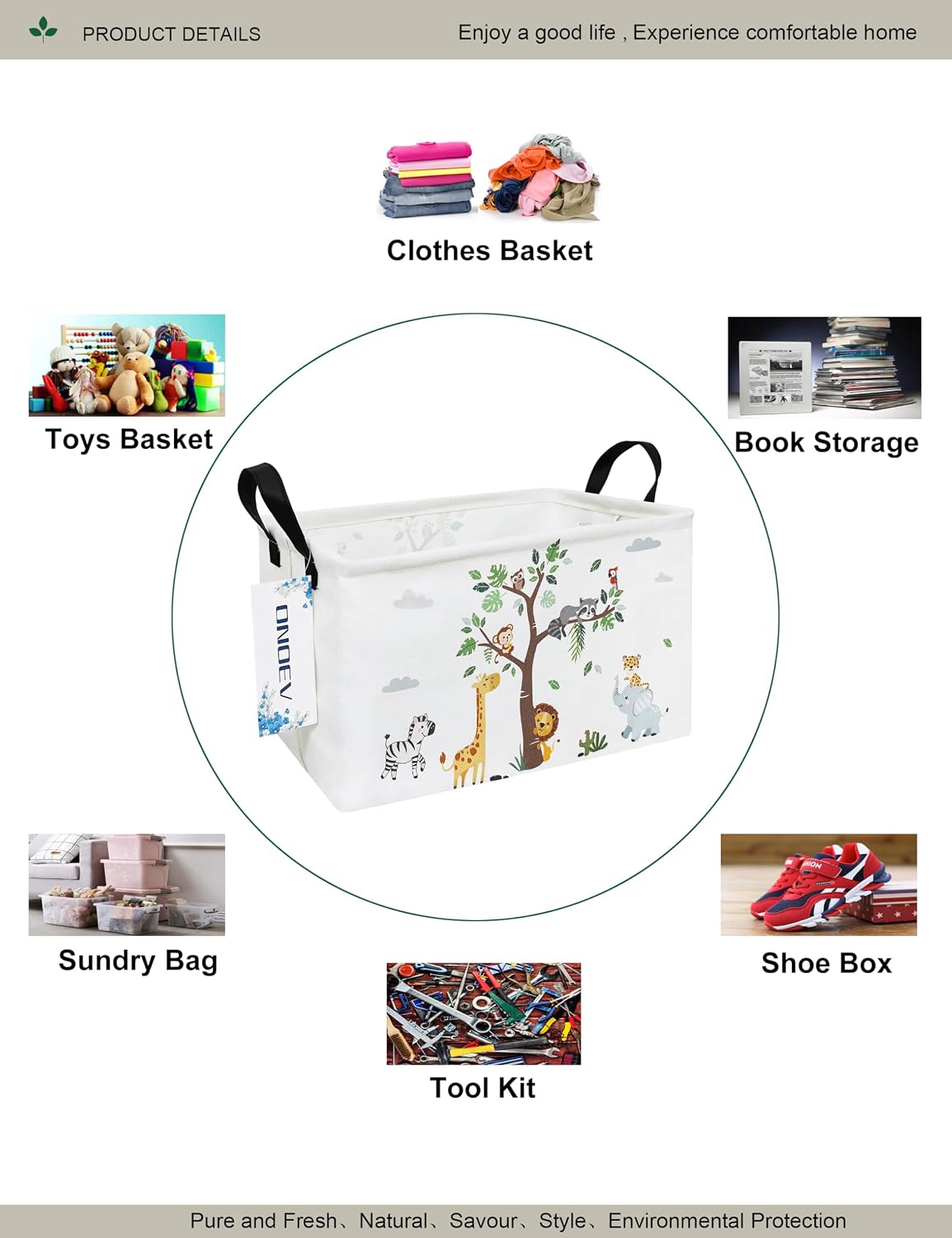 Rectangular Fabric Storage Bin, Foldable Tree Animals print Basket