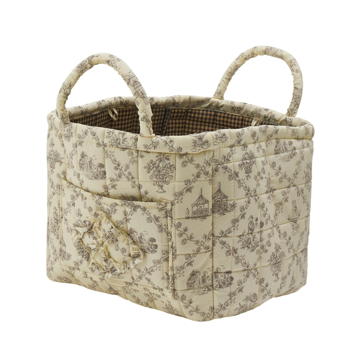 Quilted Fabric Storage Basket with Handles & Pocket, Foldable Laundry Hamper Boho Floral Print Organizer Bin for Home, Picnic, Office 12"x10"x10" (B-2)
