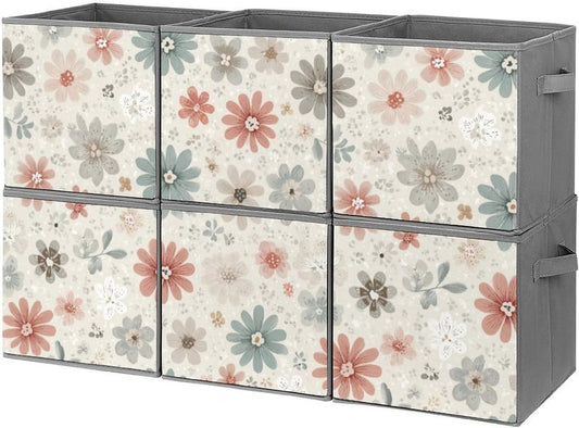 6 Printed Foldable Storage Cubes, 10.6 Inch Sturdy Collapsible Fabric Bins with Handles
