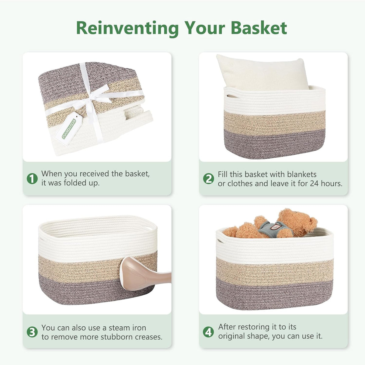 ECDYQXVU 15x10x9 Woven Cotton Rope Storage Basket, Leather Handles 1 Pack