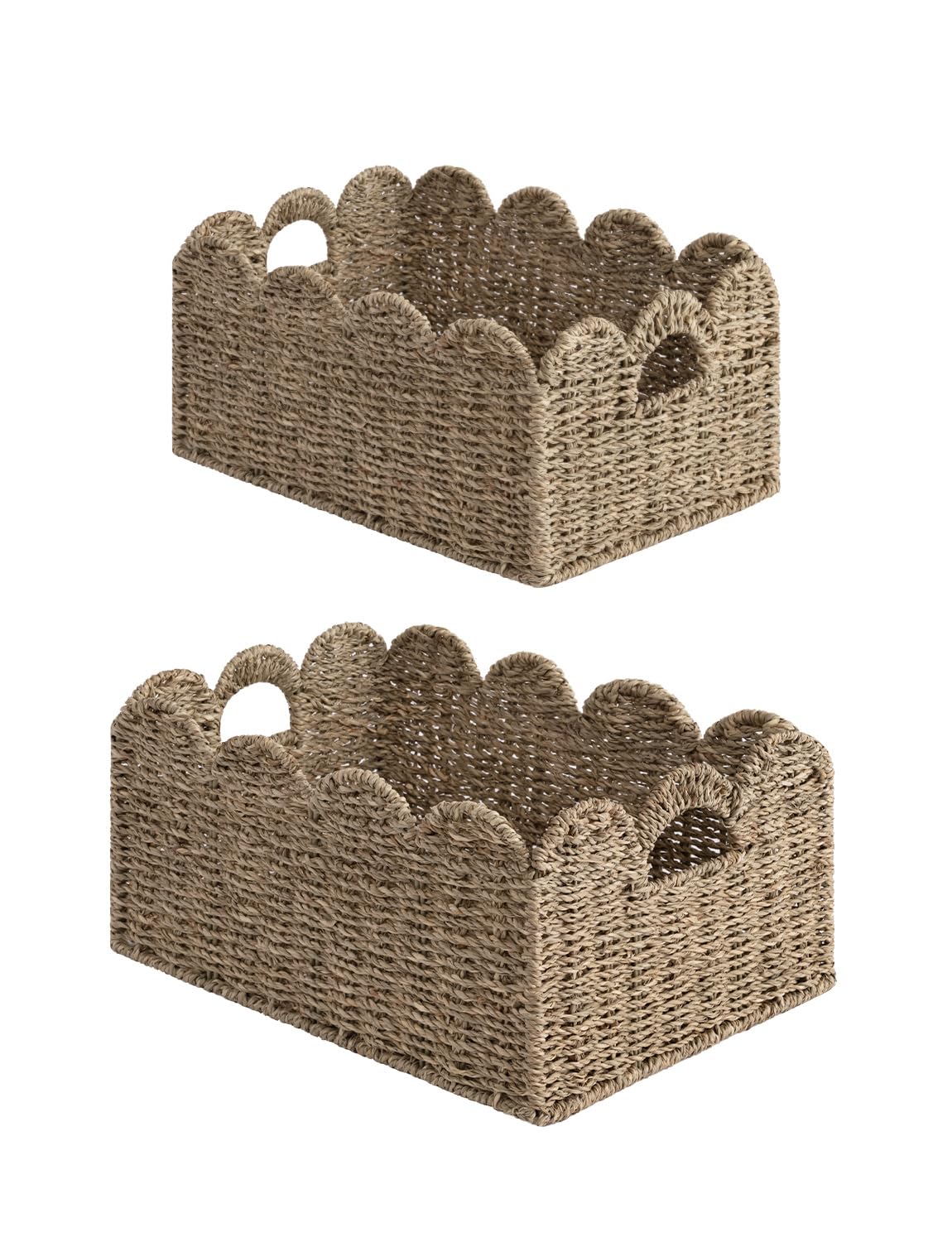 StorageWorks Scalloped Edge Wicker Basket, Hand-woven Rattan Baskets with Built-in Handles, Water Hyacinth Basket for Organizing and Decor, 2 Pack