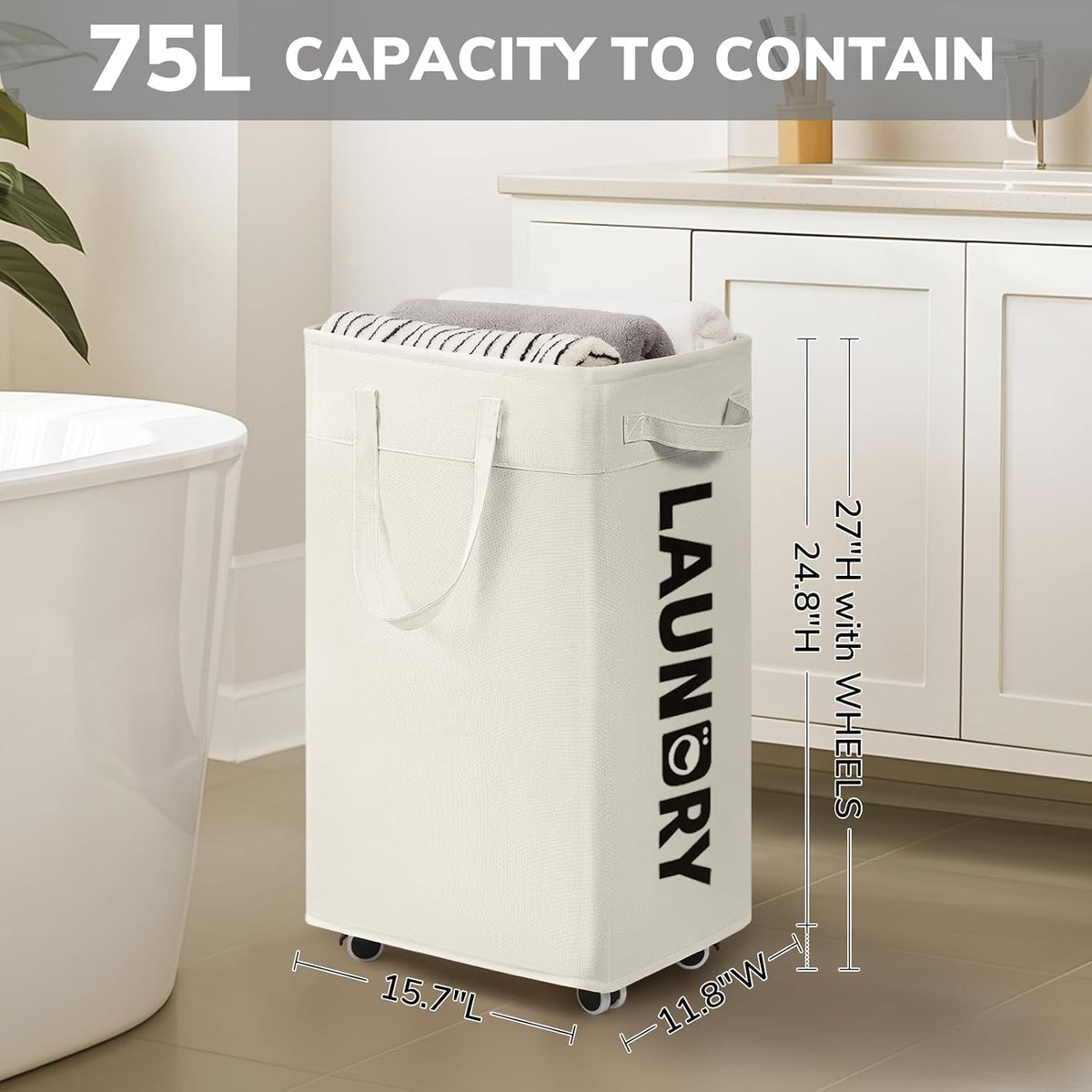 Goodpick 75L Laudnry Basket with Wheels & Removable Wash Bag for Dorm
