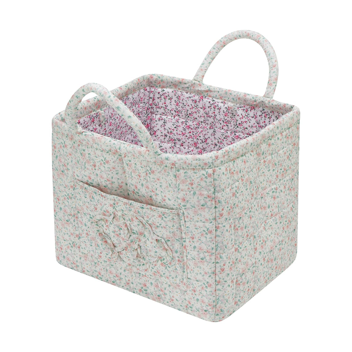 Quilted Fabric Storage Basket with Handles & Pocket, Foldable Laundry Hamper Boho Floral Print Organizer Bin for Home, Picnic, Office 12"x10"x10" (B-2)