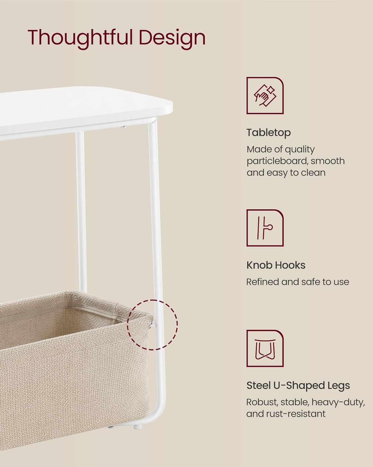 VASAGLE Small Rectangular Side End Table, Nightstand with Fabric Basket